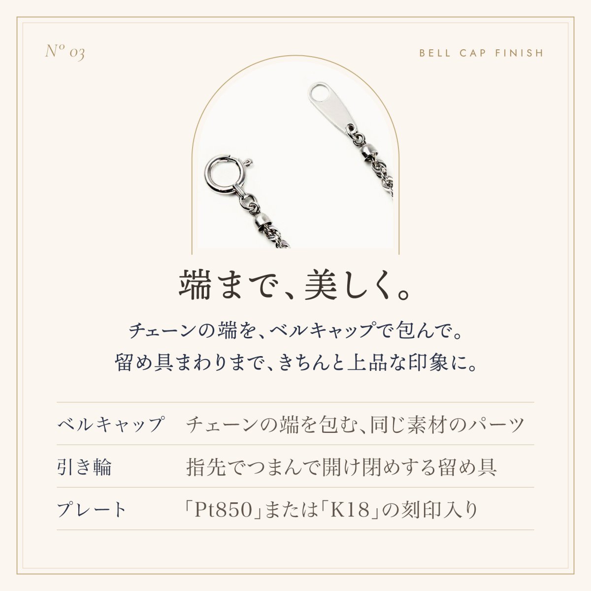 チェーンの端を包むベルキャップと留め具