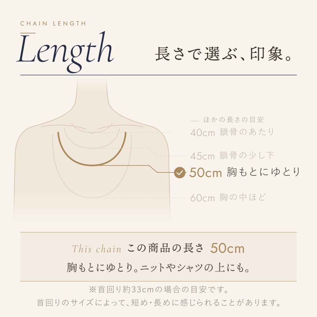チェーンの長さの目安（この商品は 50cm）
