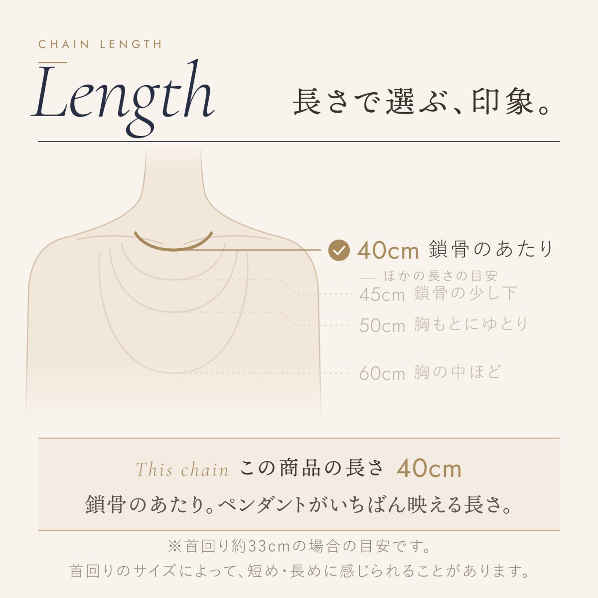 チェーンの長さの目安（この商品は 40cm）