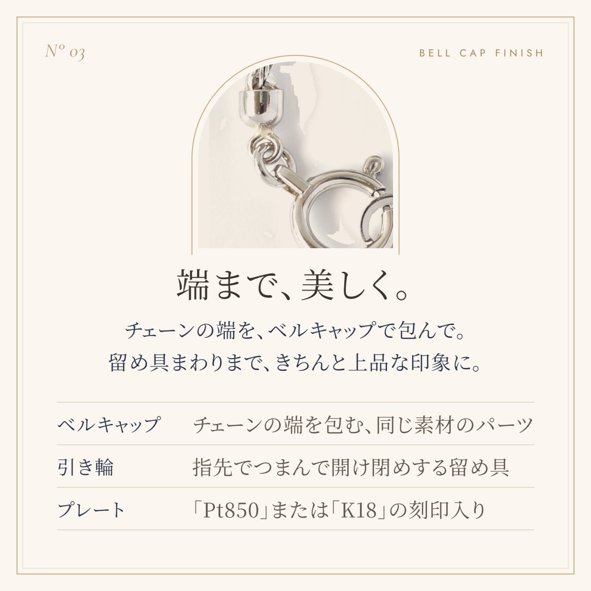 チェーンの端を包むベルキャップと留め具