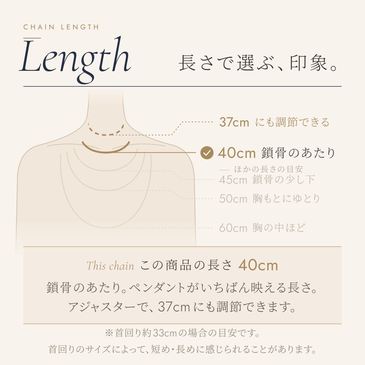 チェーンの長さの目安（この商品は 40cm）