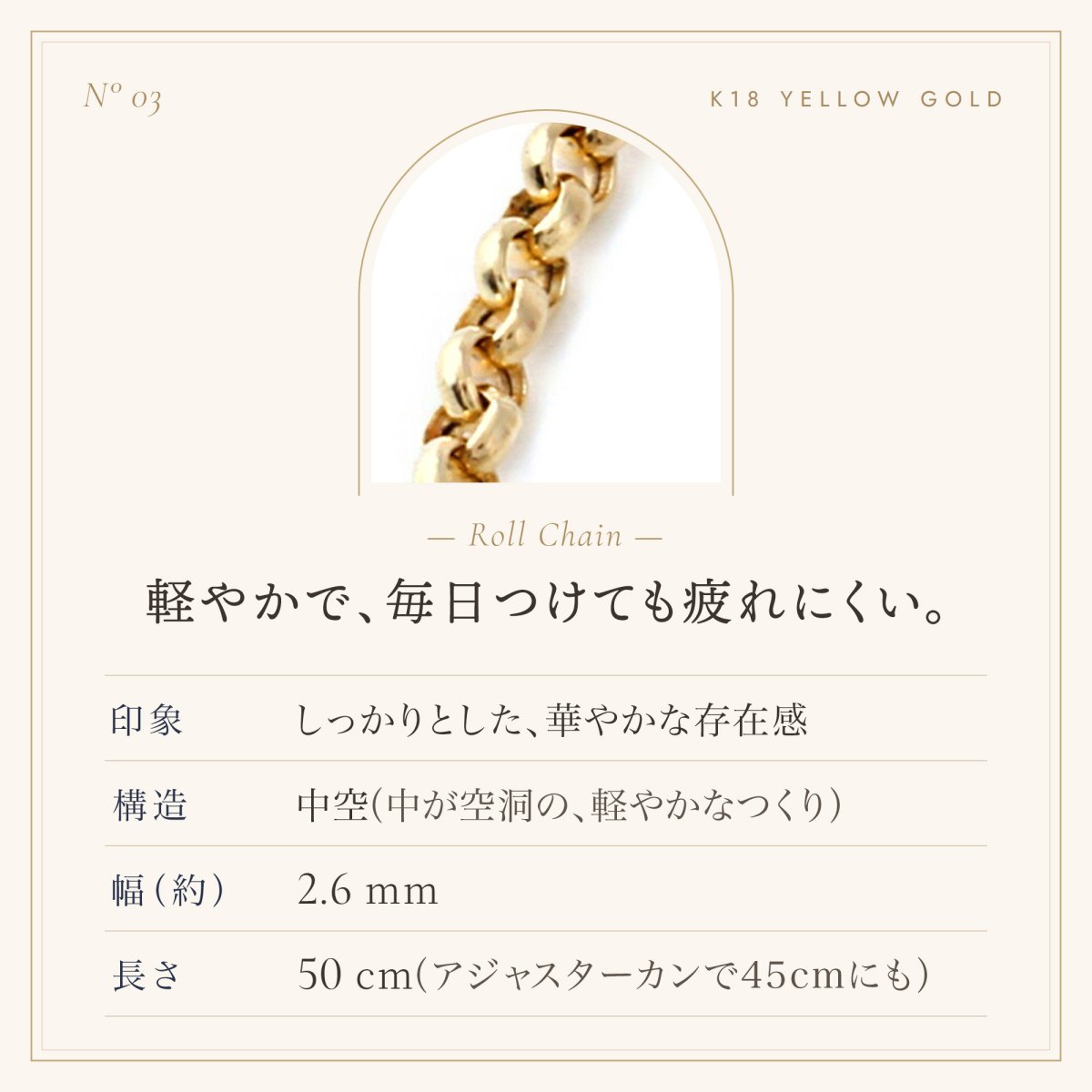 ロールチェーンの仕様（2.6mm幅・中空）