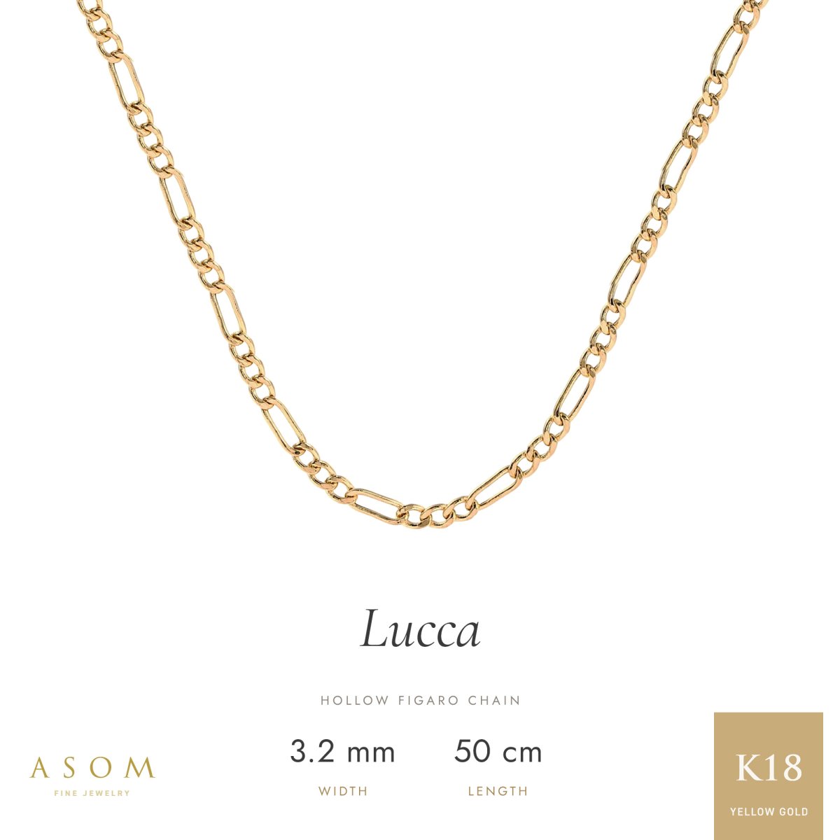 Lucca ホローフィガロチェーン 3.2mm幅 18金イエローゴールド 50cm（ASOM）