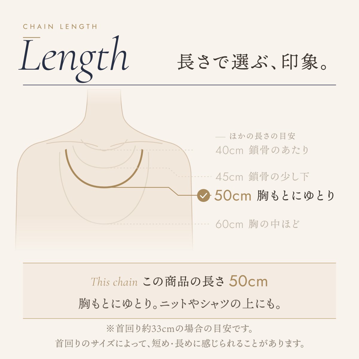 チェーンの長さの目安（この商品は 50cm）