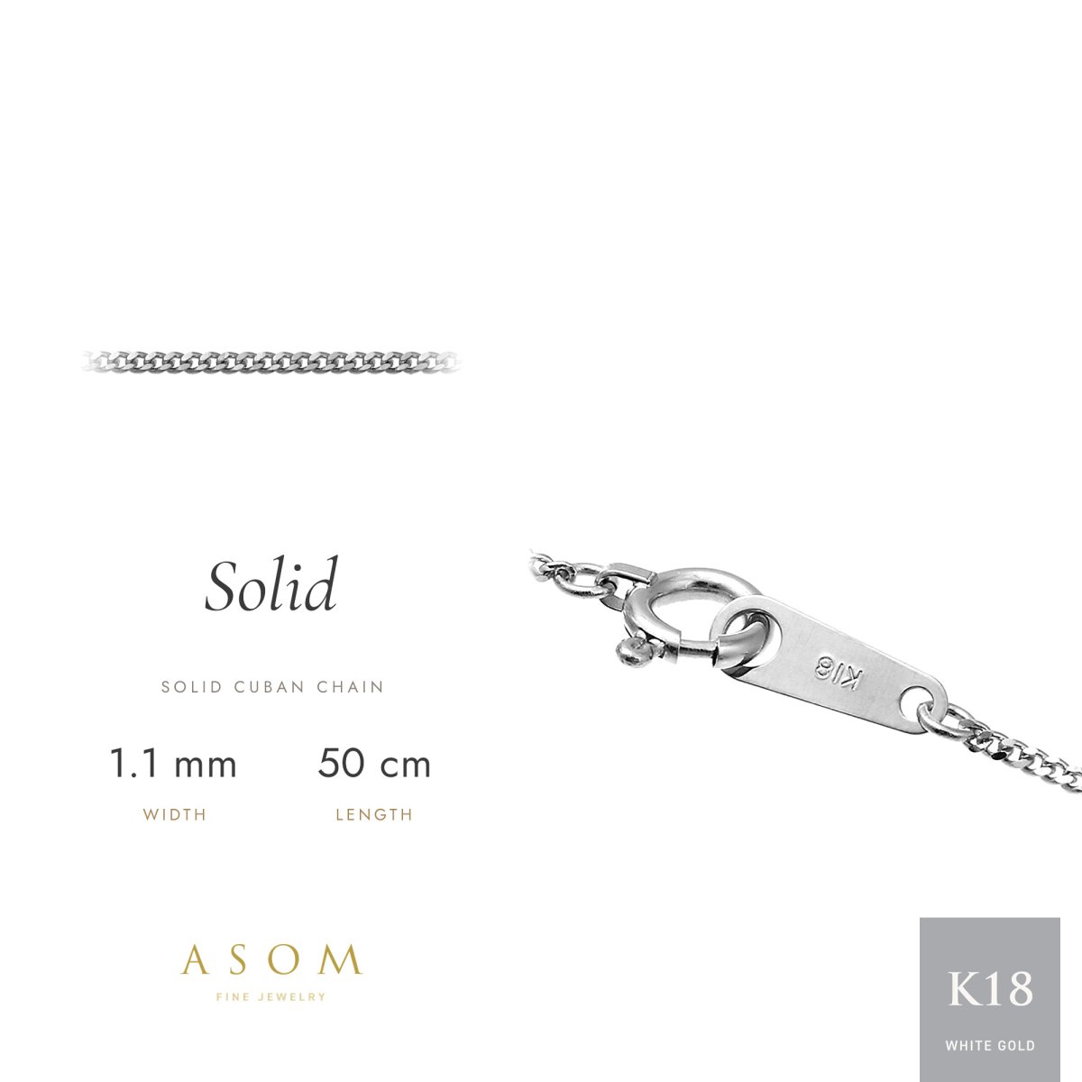 Solid キヘイチェーン 1.1mm幅 18金ホワイトゴールド 50cm（ASOM）
