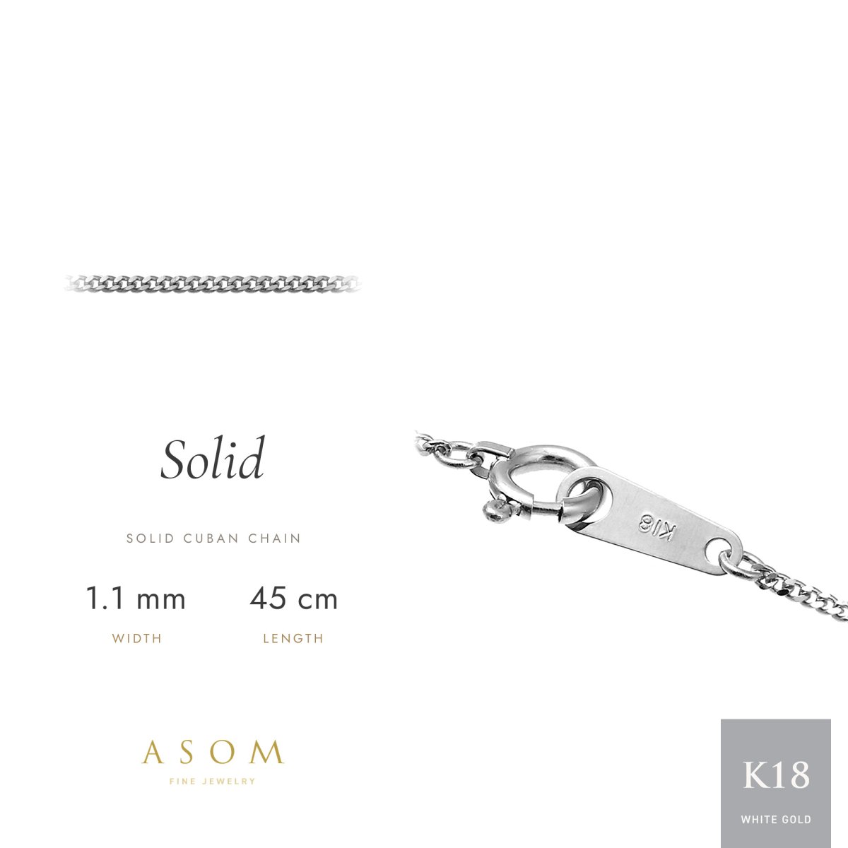 Solid キヘイチェーン 1.1mm幅 18金ホワイトゴールド 45cm（ASOM）