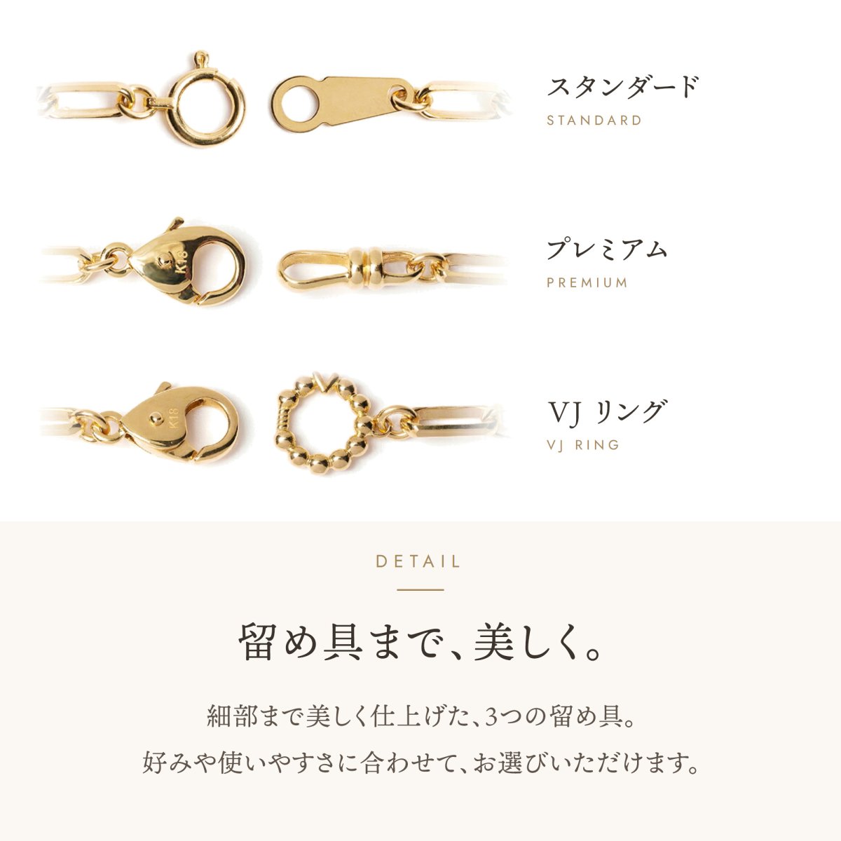 FABIO ソリッドチェーンの留め具3種（スタンダード・プレミアム・VJリング）
