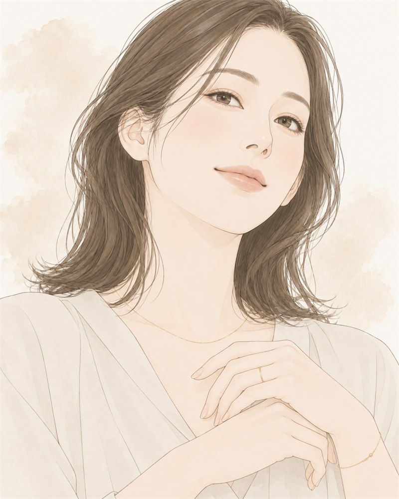 ゴールドの華奢なネックレスとリングを着けた女性のイラスト