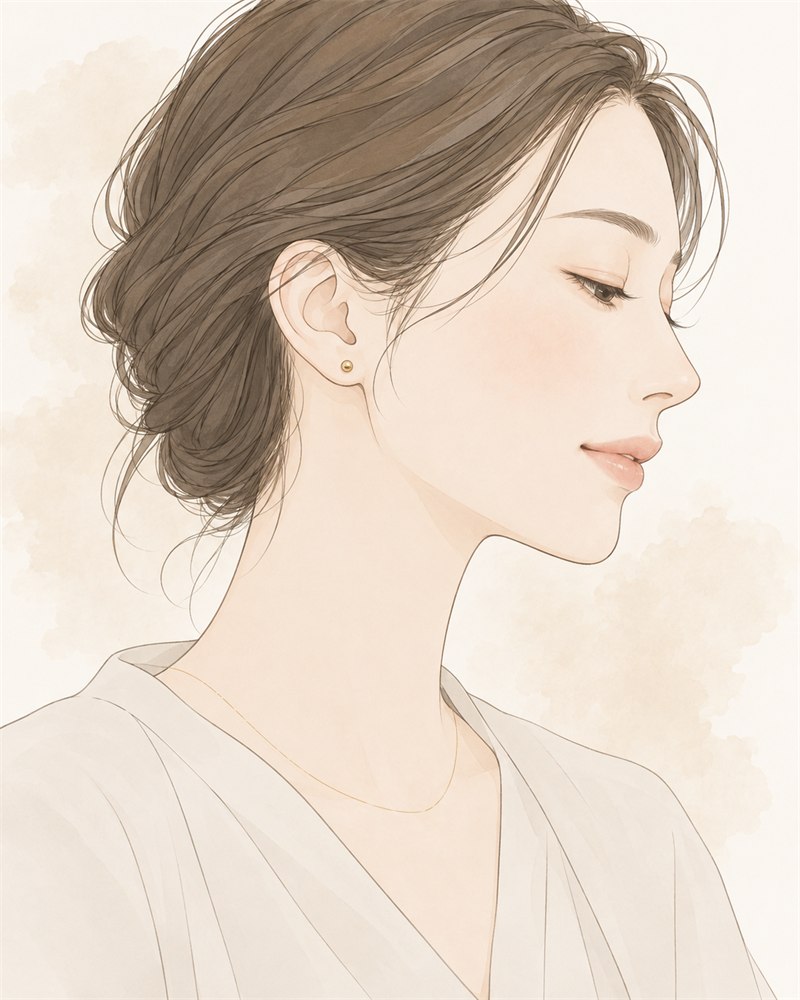 ゴールドのスタッズピアスを着けた女性の横顔のイラスト