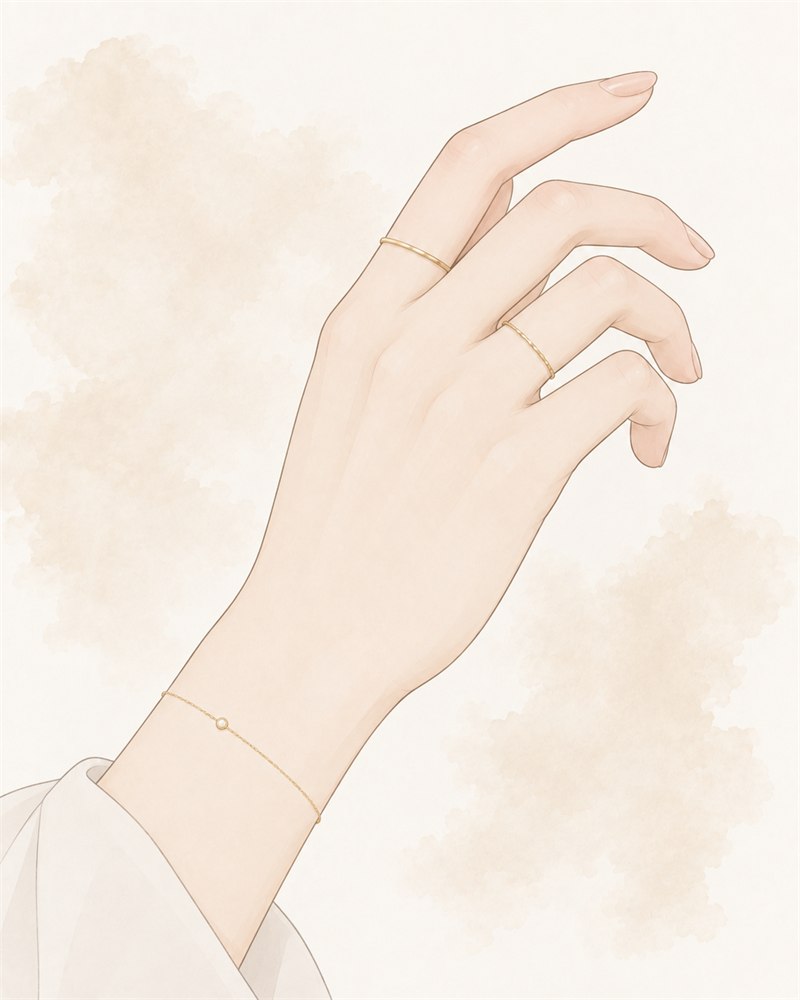 細いゴールドのリングとブレスレットを着けた手元のイラスト