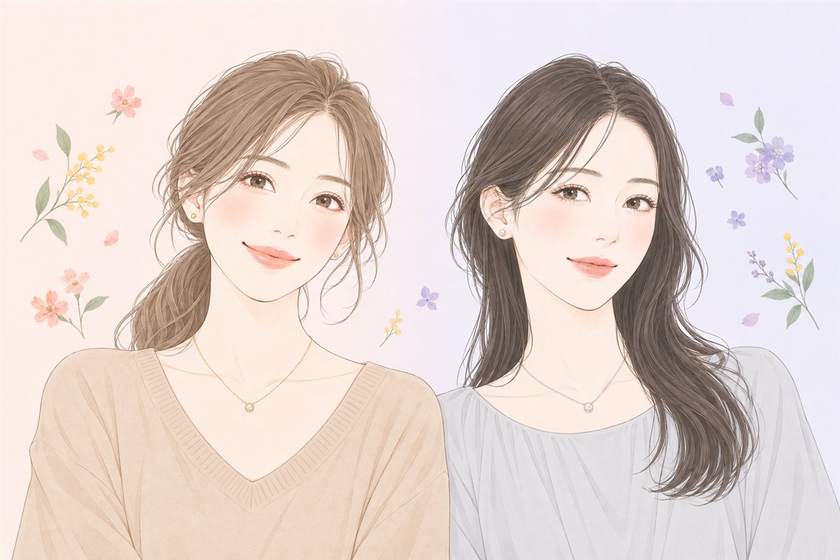 イエローゴールドとプラチナのジュエリーを身につけた2人の女性のイラスト