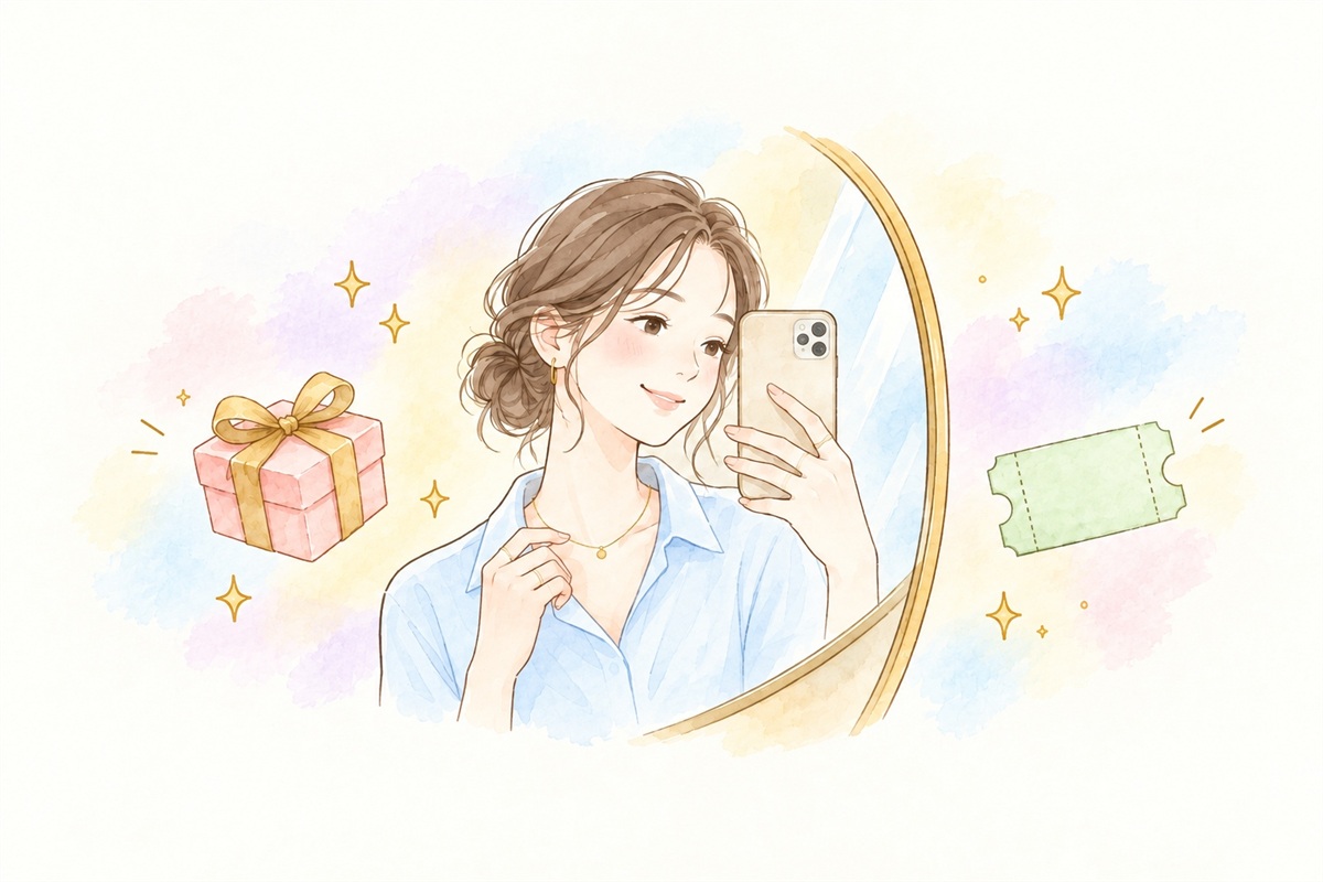 ジュエリーを着けて写真を撮る女性のイラスト