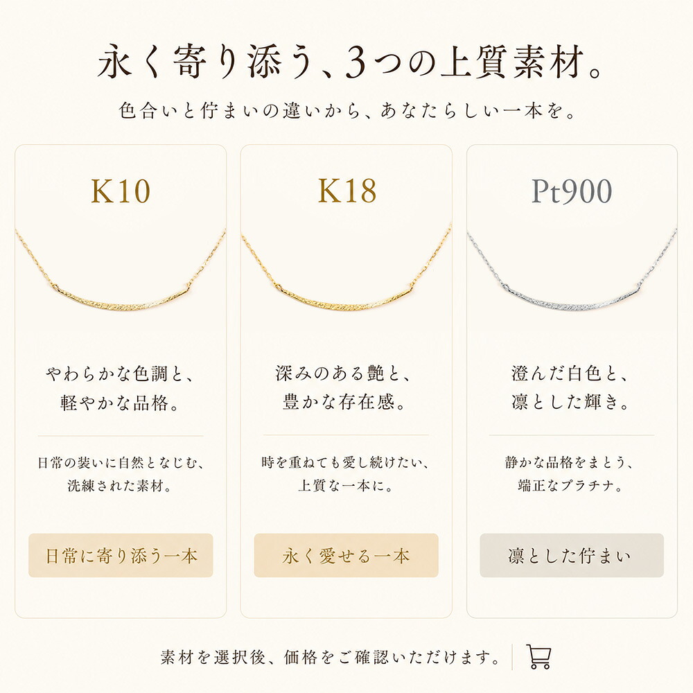 Raffine ウェーブ ブリリアントライン バー ネックレス K18・K10 イエローゴールド アズキチェーン一体型 画像5